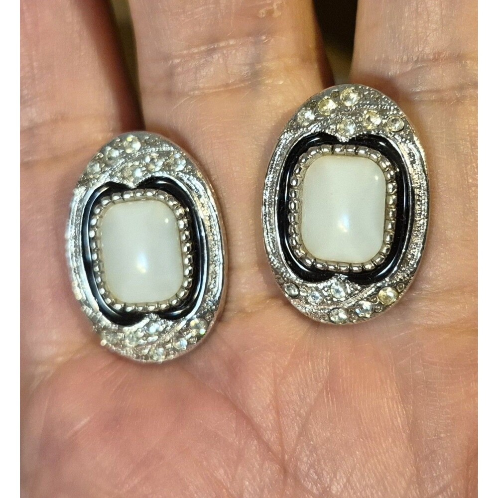 Vintage 1928 Clip On Earrings White Cabochon Rhinestone Accent Victoria Style